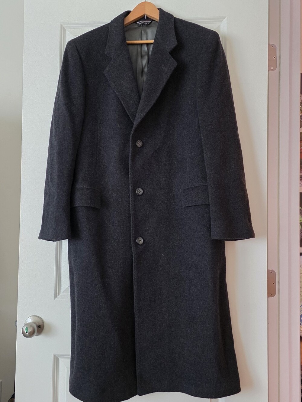Vintage di Silver Italy Long Cashmere Wool Coat Overcoat Mens 40R Black Gray